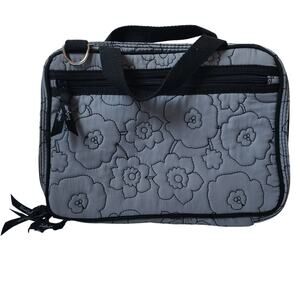 Thirty-One Gray Flowery Double Zip Cosmetic Organizer Bag Medium Quilted